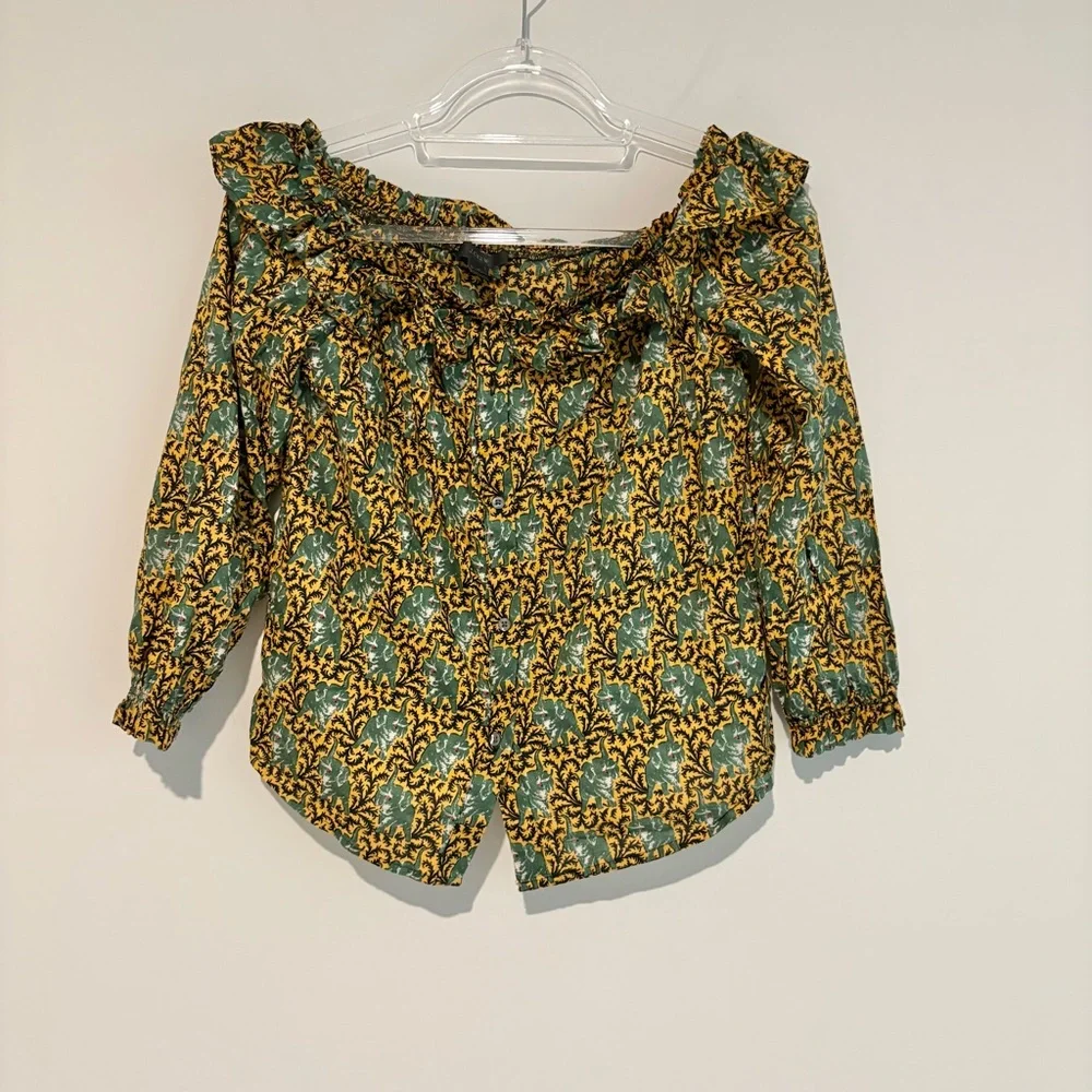 J Crew Ratti Elephant Print Off-the-Shoulder Ruffle Top Gold Green‎ Size 4